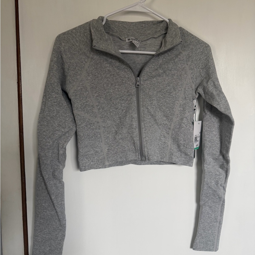 Forever 21 Light Gray Cropped Zip-Up Top